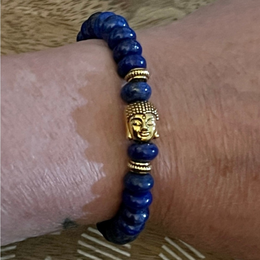 Pretty Lapis Lazuli Rondel & Buddha Beaded Bracelet With Toggle Clasp